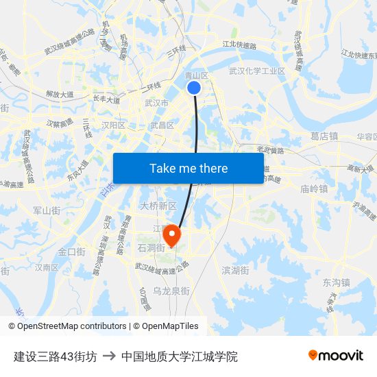 建设三路43街坊 to 中国地质大学江城学院 map