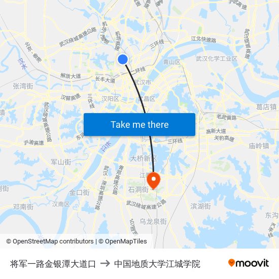 将军一路金银潭大道口 to 中国地质大学江城学院 map