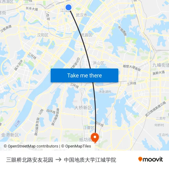 三眼桥北路安友花园 to 中国地质大学江城学院 map