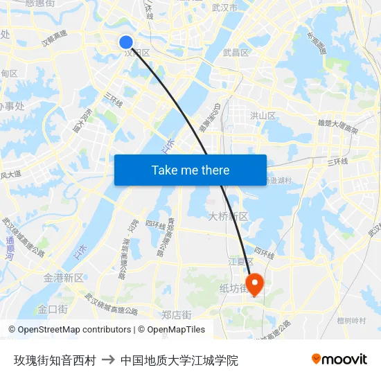 玫瑰街知音西村 to 中国地质大学江城学院 map