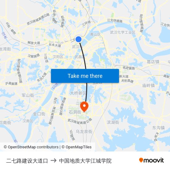 二七路建设大道口 to 中国地质大学江城学院 map