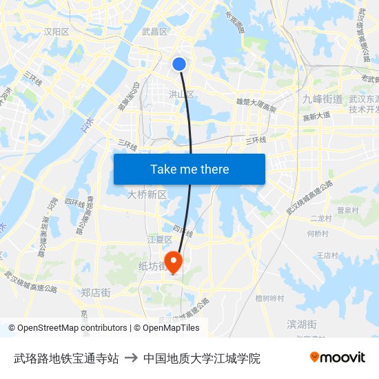 武珞路地铁宝通寺站 to 中国地质大学江城学院 map