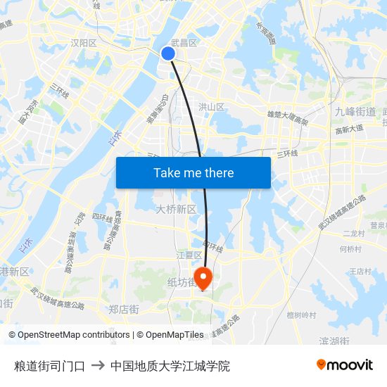 粮道街司门口 to 中国地质大学江城学院 map