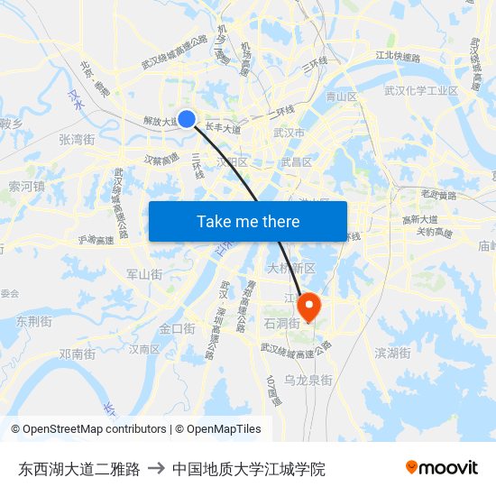 东西湖大道二雅路 to 中国地质大学江城学院 map