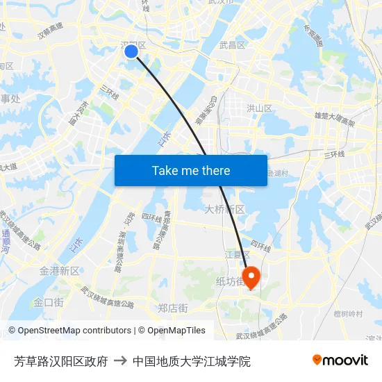 芳草路汉阳区政府 to 中国地质大学江城学院 map