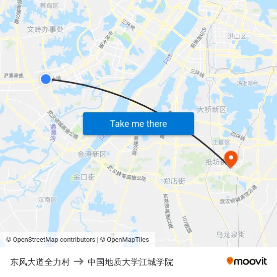 东风大道全力村 to 中国地质大学江城学院 map