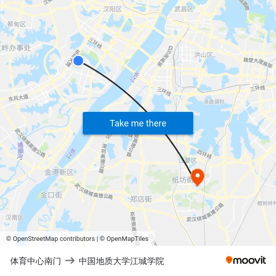 体育中心南门 to 中国地质大学江城学院 map