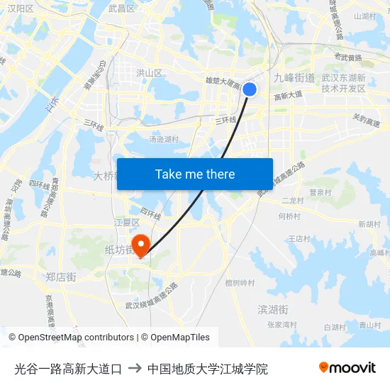 光谷一路高新大道口 to 中国地质大学江城学院 map