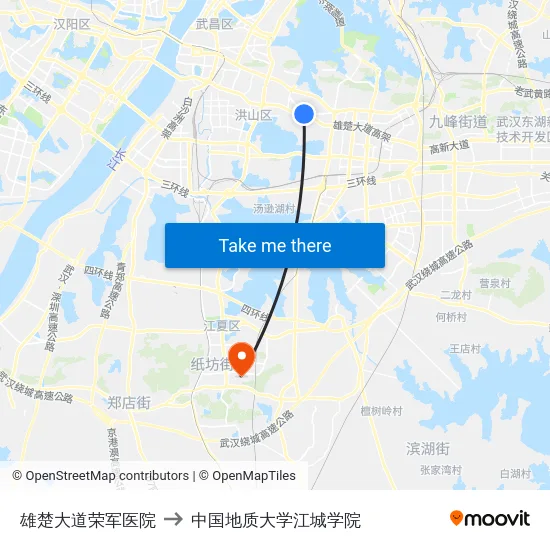雄楚大道荣军医院 to 中国地质大学江城学院 map