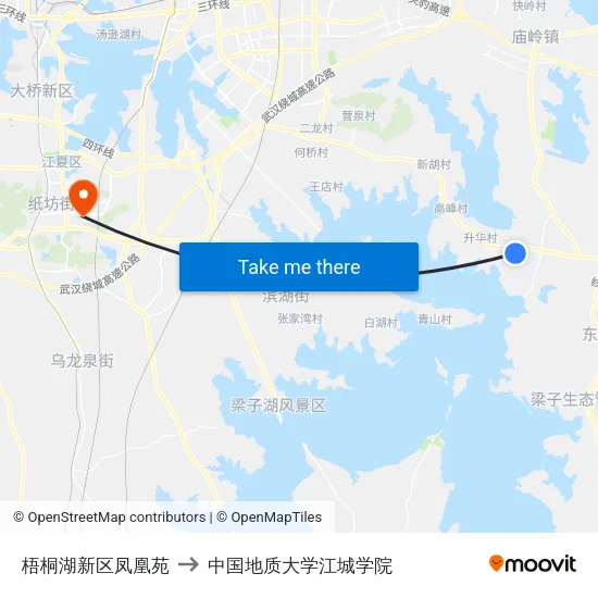梧桐湖新区凤凰苑 to 中国地质大学江城学院 map