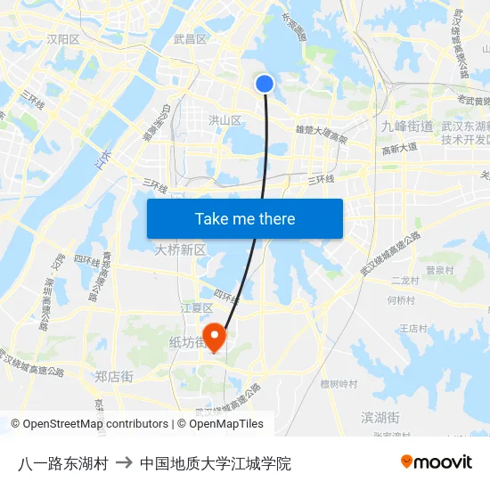 八一路东湖村 to 中国地质大学江城学院 map