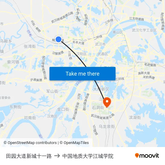 田园大道新城十一路 to 中国地质大学江城学院 map