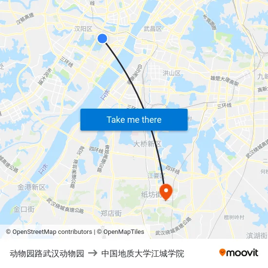 动物园路武汉动物园 to 中国地质大学江城学院 map