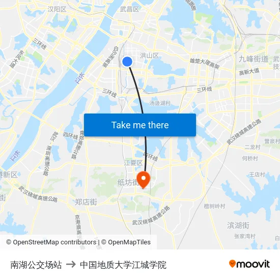 南湖公交场站 to 中国地质大学江城学院 map