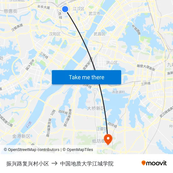 振兴路复兴村小区 to 中国地质大学江城学院 map
