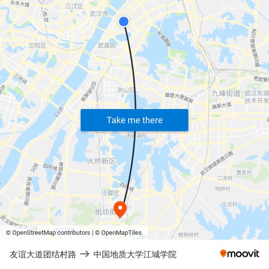 友谊大道团结村路 to 中国地质大学江城学院 map