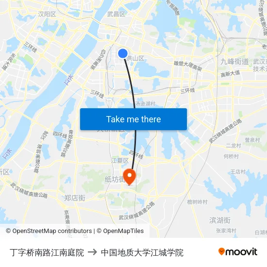 丁字桥南路江南庭院 to 中国地质大学江城学院 map