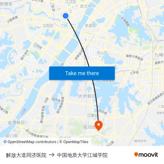 解放大道同济医院 to 中国地质大学江城学院 map