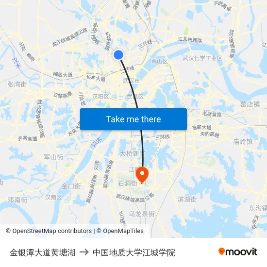 金银潭大道黄塘湖 to 中国地质大学江城学院 map