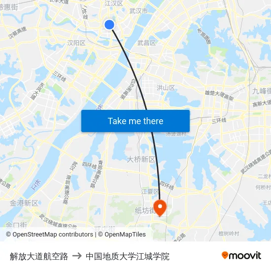 解放大道航空路 to 中国地质大学江城学院 map