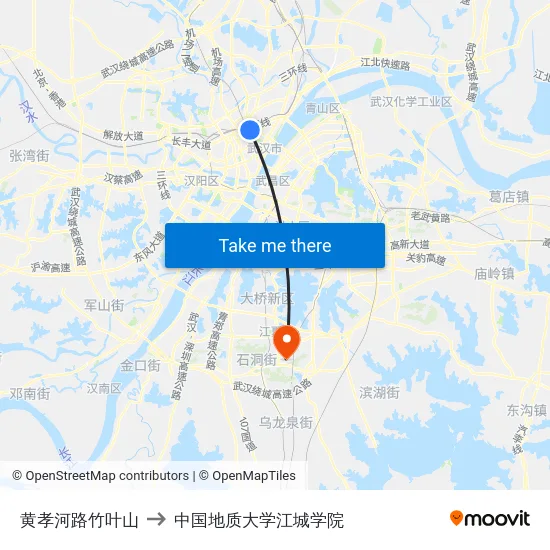 黄孝河路竹叶山 to 中国地质大学江城学院 map
