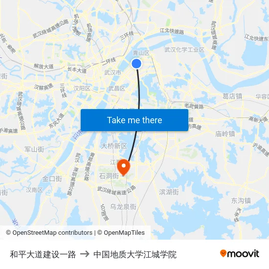 和平大道建设一路 to 中国地质大学江城学院 map