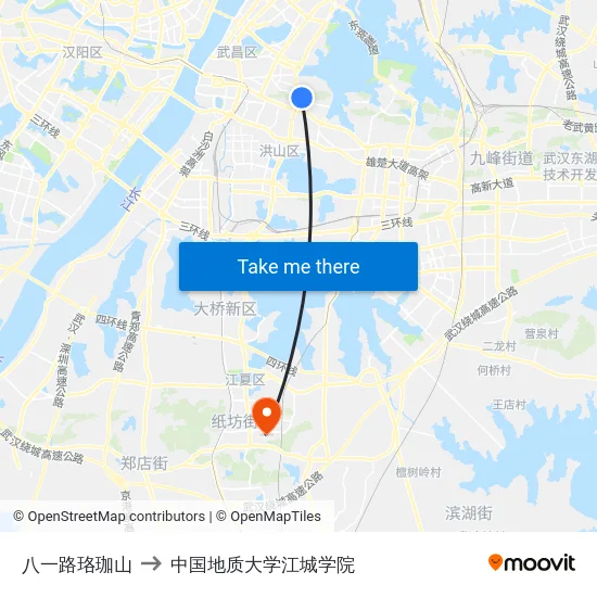 八一路珞珈山 to 中国地质大学江城学院 map