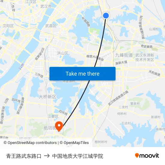 青王路武东路口 to 中国地质大学江城学院 map