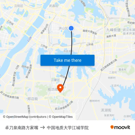 卓刀泉南路方家嘴 to 中国地质大学江城学院 map