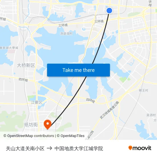 关山大道关南小区 to 中国地质大学江城学院 map