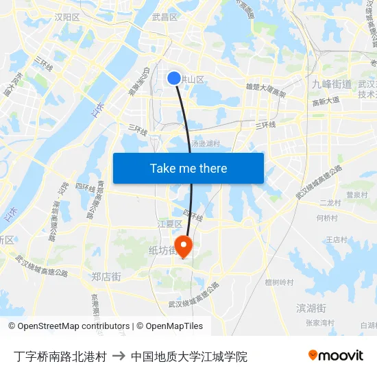 丁字桥南路北港村 to 中国地质大学江城学院 map