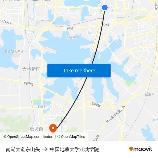 南湖大道东山头 to 中国地质大学江城学院 map