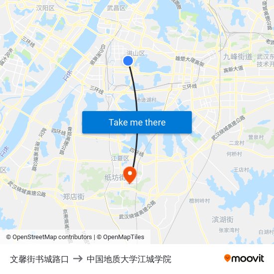 文馨街书城路口 to 中国地质大学江城学院 map