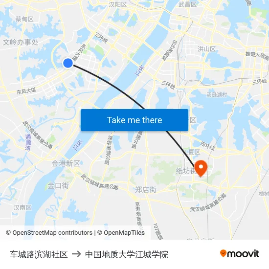 车城路滨湖社区 to 中国地质大学江城学院 map
