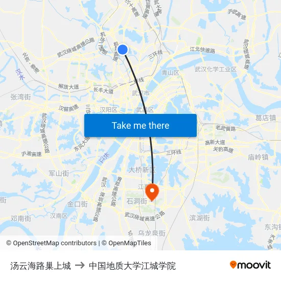 汤云海路巢上城 to 中国地质大学江城学院 map