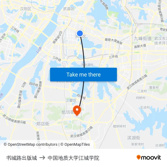 书城路出版城 to 中国地质大学江城学院 map