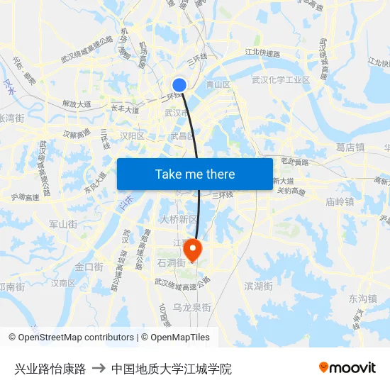 兴业路怡康路 to 中国地质大学江城学院 map