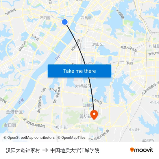 汉阳大道钟家村 to 中国地质大学江城学院 map