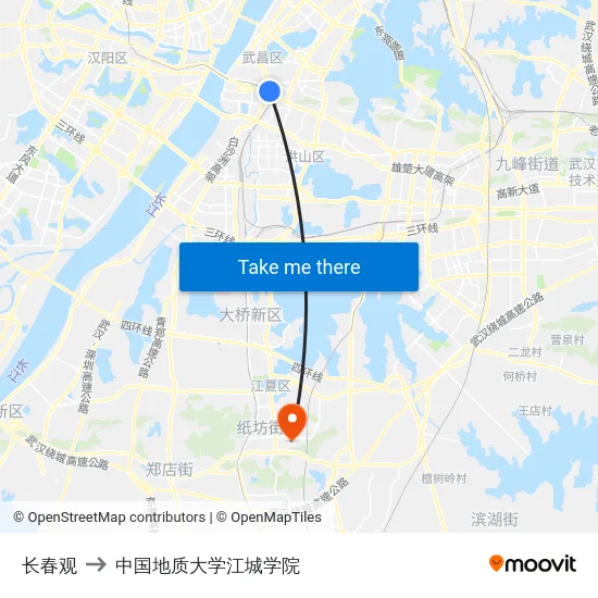 长春观 to 中国地质大学江城学院 map