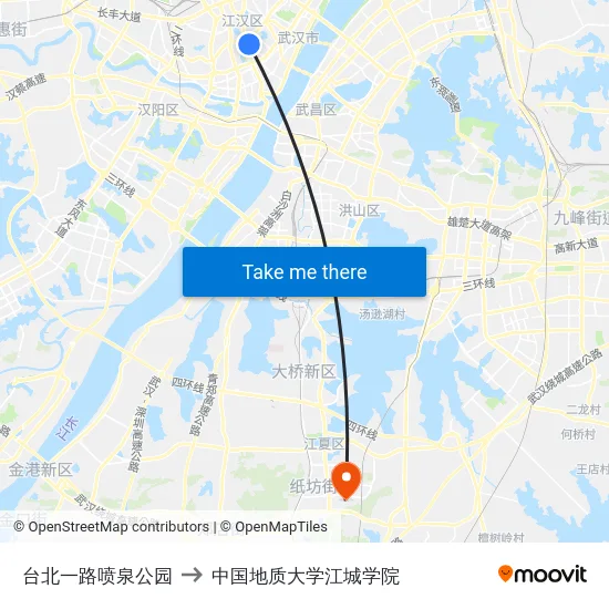 台北一路喷泉公园 to 中国地质大学江城学院 map