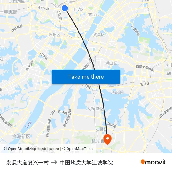 发展大道复兴一村 to 中国地质大学江城学院 map