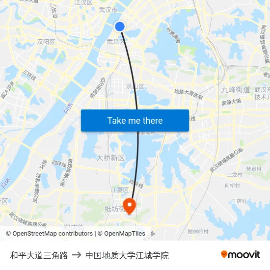 和平大道三角路 to 中国地质大学江城学院 map