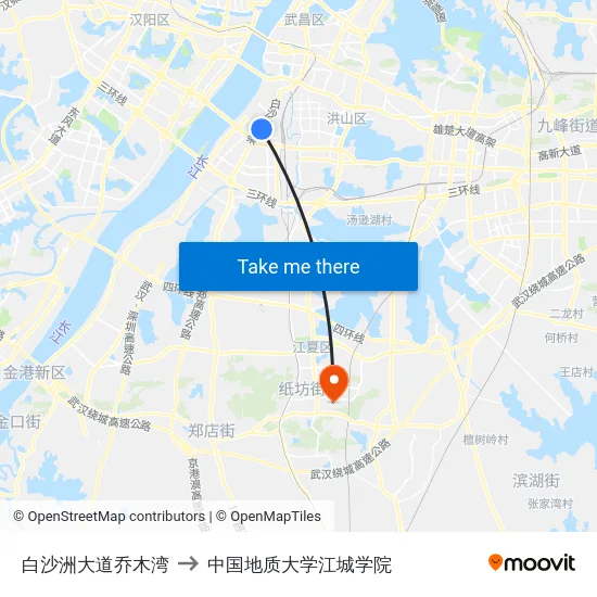 白沙洲大道乔木湾 to 中国地质大学江城学院 map