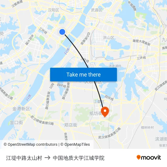 江堤中路太山村 to 中国地质大学江城学院 map