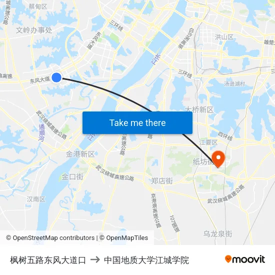 枫树五路东风大道口 to 中国地质大学江城学院 map