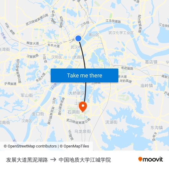 发展大道黑泥湖路 to 中国地质大学江城学院 map