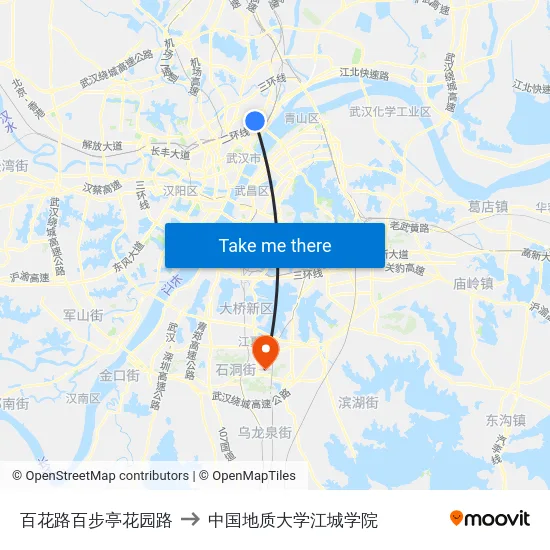 百花路百步亭花园路 to 中国地质大学江城学院 map