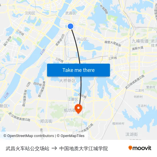 武昌火车站公交场站 to 中国地质大学江城学院 map