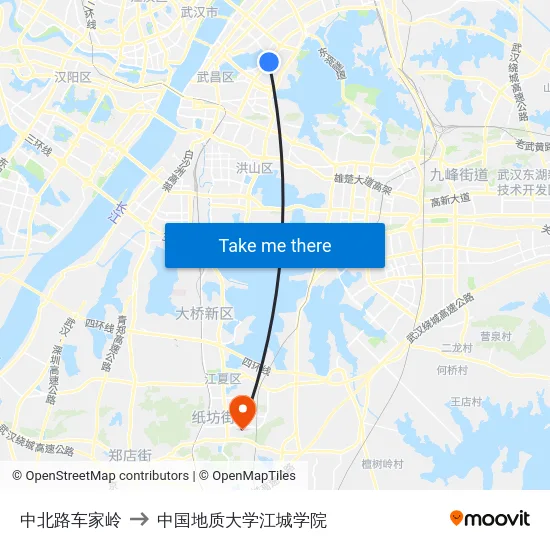 中北路车家岭 to 中国地质大学江城学院 map