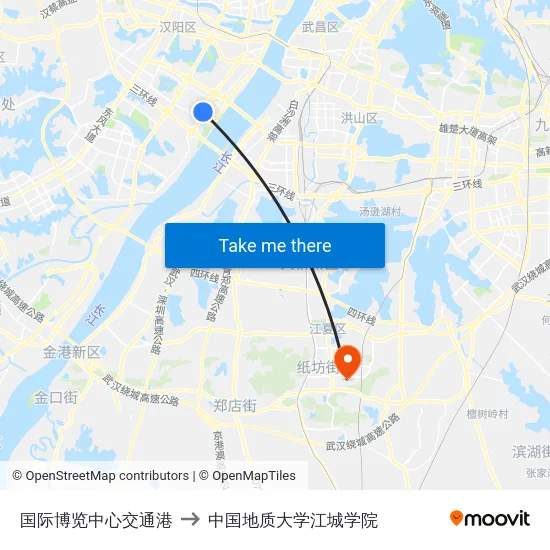 国际博览中心交通港 to 中国地质大学江城学院 map